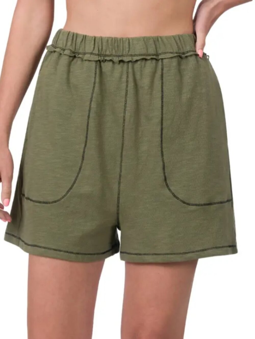 ZENANA I Light Olive Green Contrast Stitch Casual Elastic Waist Cotton Shorts, L